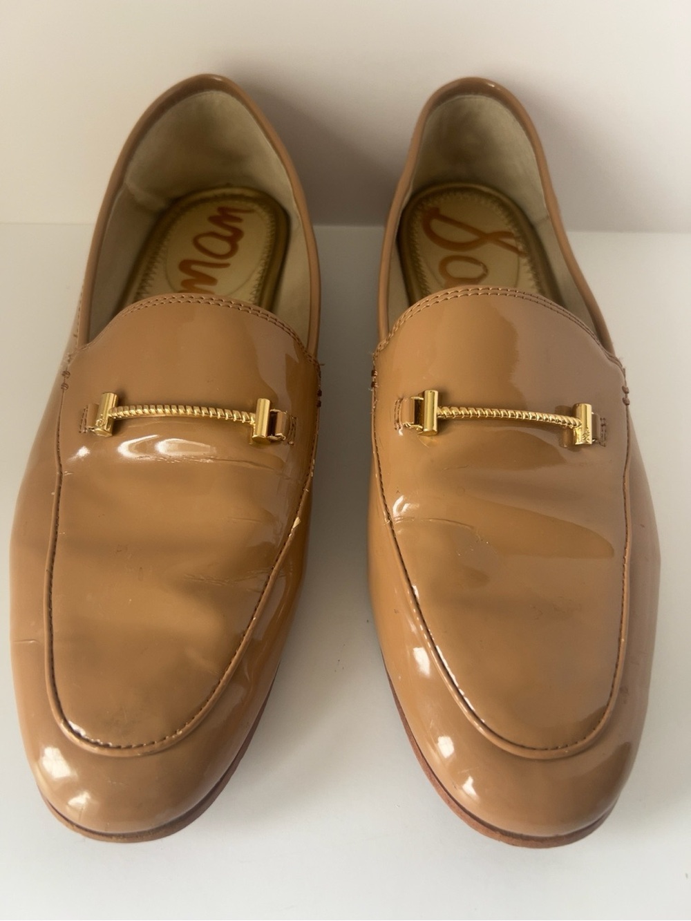 Sam Edelman Loraine Patent Leather Loafer Camel Tan Gold Bit Women Slip-On Flats - Picture 2 of 7